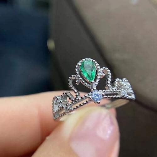 Natural green emerald gem Ring S925 Silver Natural Gemstone Ring Fashion Elegant Hollowing crown girl Women party gift Jewelry