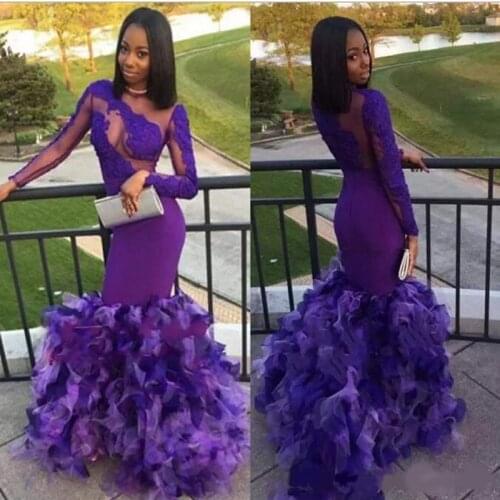 2020 Newest Black Girls Purple Prom Dresses Mermaid Sexy Back Design With Ruffles Unique Evening Dresses Lace Appliques Party Dr
