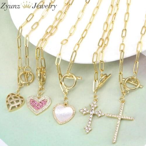 5PCS, Female Crystal Zirconia Heart Cross Oval Chain Necklace For Women Gold-color CZ Bijoux Femme 2021 Trend Elegant Jewelry