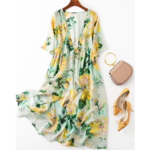 Womens 100% Silk green floral print Long Thin bow-tied Top Kimono Cardigan Shawl Coat Blouse Summer Beach Cover Up M153