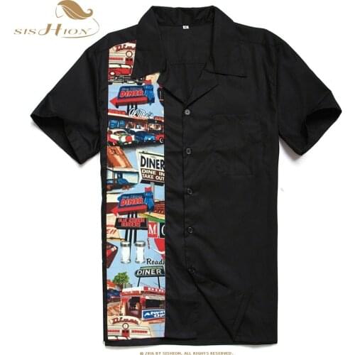 SISHION Cars Print Plus Size Men Shirt ST110 Short Sleeve Summer Bowling Shirts Casual Black Rock Vintage Mens Shirts