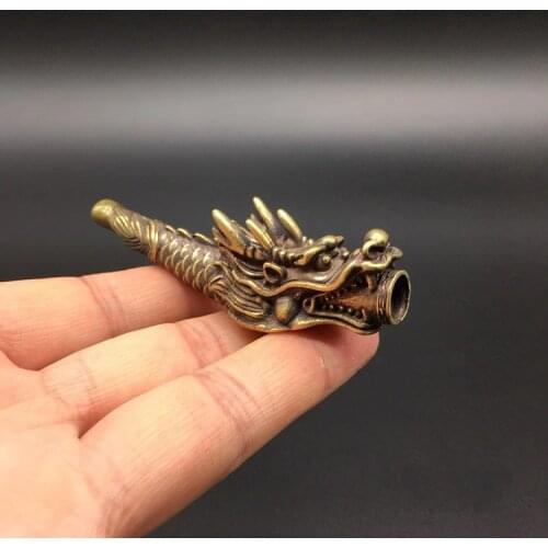 Collectable Chinese Brass Carved Zodiac Animal Dragon Head Pipe Cigarette Holder Exquisite Small Statues