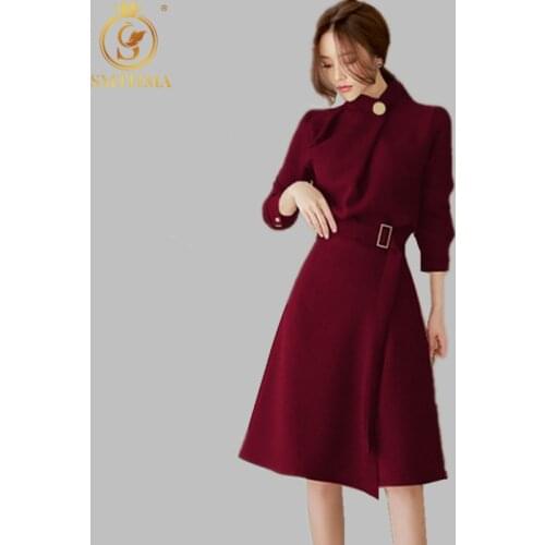 SMTHMA 2021 Female Autumn New Women Korean Dress Slim Stand Neck Casual Sashes Button Dresses Vestidos
