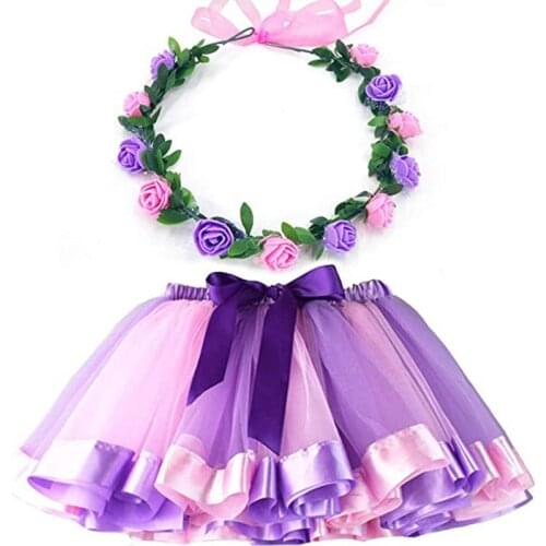 Princess Girls Tutu Skirt with Flower Wreath Crown Head Wear Garland Dance Birthday Wedding Party Costumes Christmas Halloween
