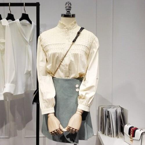 Yellow Ruffles Cotton Women Shirts Solid Stand Collar Elegant Office Lady Female Outwear Blouse Tops