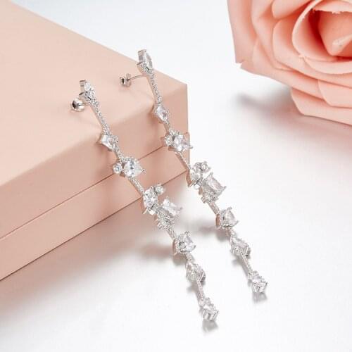 SLJELY High Quality S925 Sterling Silver Micro Inlay Square Teardrop Geometry Cubic Zirconia Long Earrings Women Luxury Jewelry
