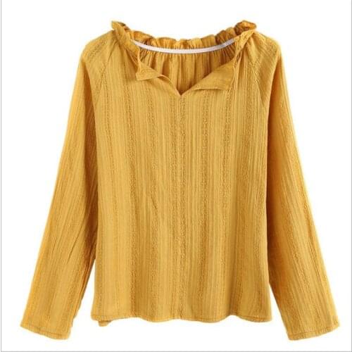 Cotton Women T-Shirts 2018Spring Autumn Short Tops V-Neck Simple Pure Color Women T-Shirts Soft Long Sleeve Loose T-Shirts Q112