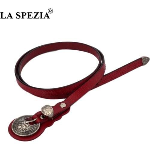 LA SPEZIA Leather Dress Belt Women Red Thin Pin Buckle Belts Female Narrow Genuine Leather Cowhide Ladies Brand Waist Belt Jeans