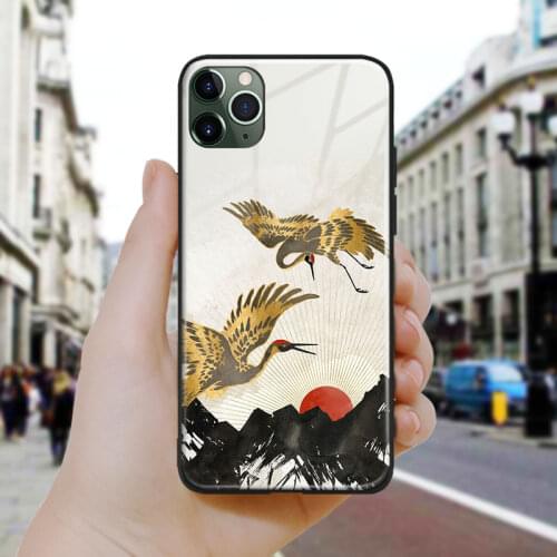 Nordic Abstract golden Crane Art Silicone Glass Phone Case Cover Shell For iPhone SE 6 6s 7 8 Plus X XR XS 11 12 Mini Pro Max