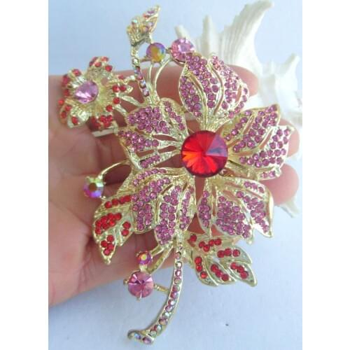 Elegant Flower Brooch Pin w Red Pink Rhinestone Crystal EE06367C4