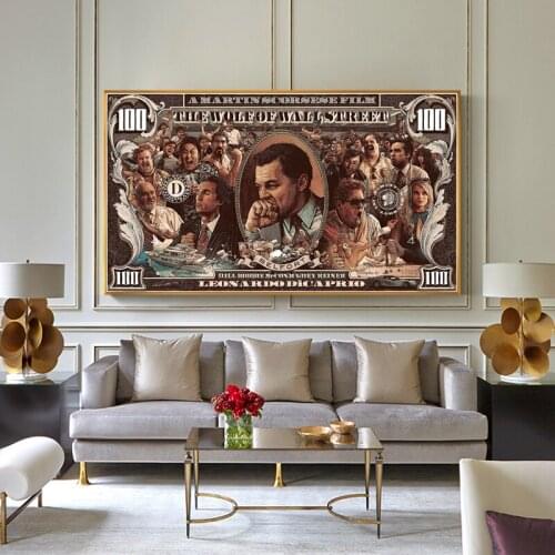 Money Art 100 Dollar Canvas Painting Wolf of Wall Street Posters and Prints Wall Art Pop Picture for Living Room Home Decor