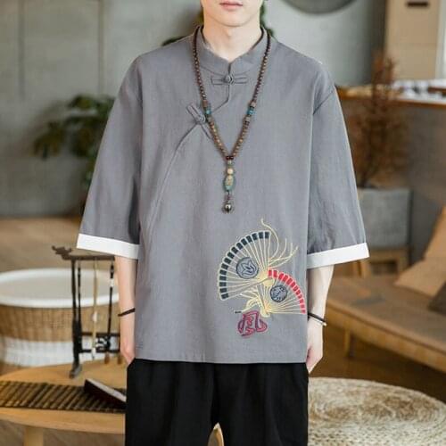 Men Retro Embroidery Qipao Tops T-Shirt Chinese Style Zen Tea Casual Shirts Tai Chi Kung Fu Blouse Cotton Tang Suit Coat 30780