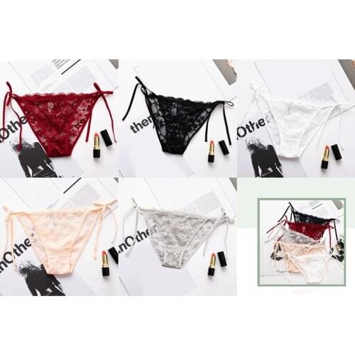Hot kf-Women Sexy Panties Comfortable Briefs Solid Sexy Lace Mid-Waist Girl Underwear Transparent Panties