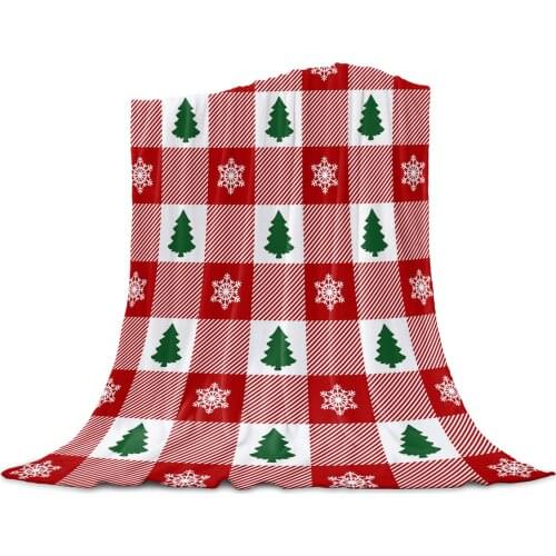 Christmas Tree Snowflakes Red Lattice Throw Blanket for Sofa Christmas Decoration Bedspread Portable Microfiber Flannel Blanket