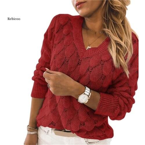 Fashion Trend Women Knitted Sweater Autumn Winter Hollow Out Feather Pattern Long Sleeve V-Neck Pullover Casual Tops
