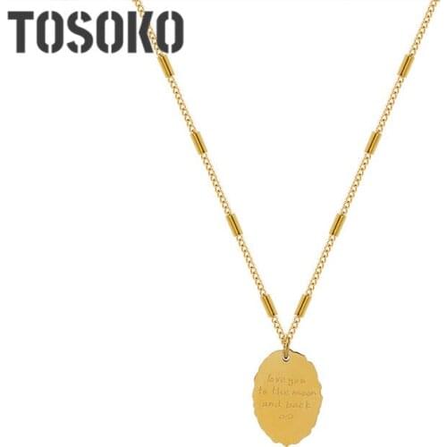 TOSOKO Stainless Steel Jewelry Irregular Oval Brand Pendant Necklace Womens Simple Clavicle Chain BSP938