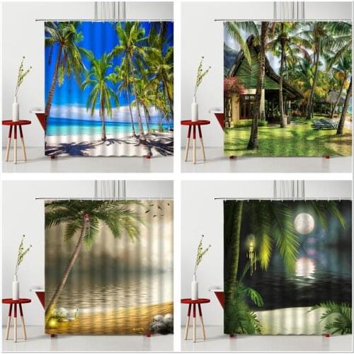 Tropical Seaside Scenery Shower Curtain Coconut Tree Full Moon Washable Bathroom Decor Bathtub screen With Hook Bath Curtains