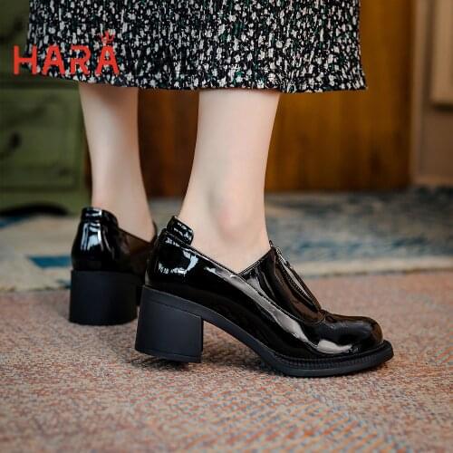 HARAVAL Women Pumps Shoes High Heels Spring Autumn Black White Patent Leather Casual Round Toe Classics Solid Casual Shoes A284