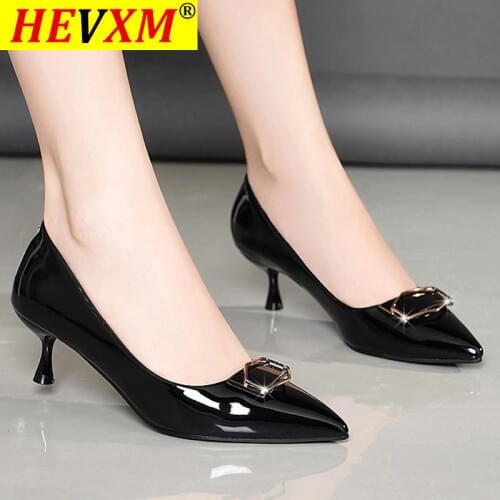 Women Pumps Patent Leather Dress Shoes Black Medium Heels Metal Office Shoes Ladies Boat Shoes Pointed Toe zapatos mujer 8271N