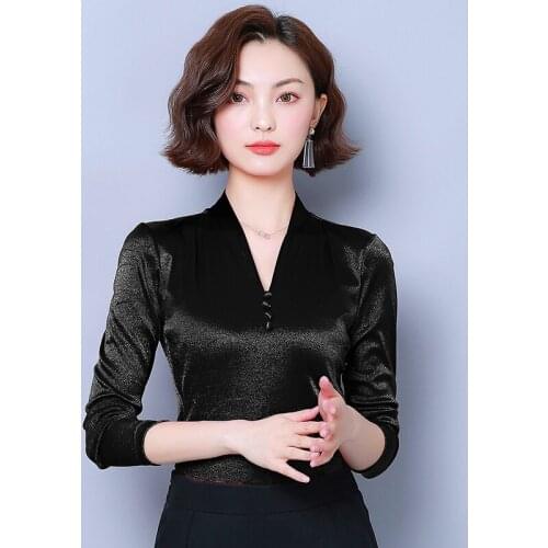 V-neck long-sleeved solid color bottoming shirt women blouses autumn new coat Korean slim shirt plus size blusas mujer de moda