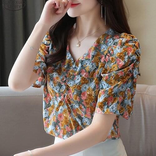 2021 Ladies Tops Floral Chiffon Blouse Vintage Summer Short Sleeve Print Clothes Women Tops and Blouses Blusas 9150 50