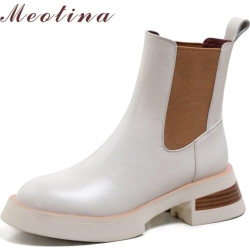 Meotina Women Shoes Genuine Leather Chelsea Boots Round Toe Ankle Boots Thick Med Heel Ladies Footwear Autumn Winter 39 Fashion