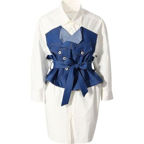 SeeBeautiful Denim Stitching Loose Dress Lapel Long Sleeve Pockets Belt Single Breasted Woman Summer 2021 New Fashion E891