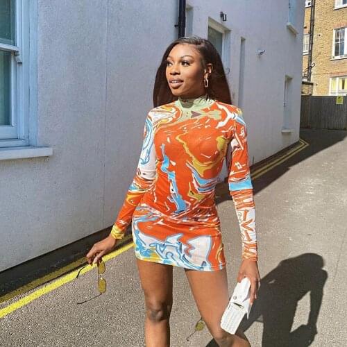 Summer Sexy Women High Turtleneck Long Sleeve Bodycon Printed Short Mini Pencil Evening Party Club Dress