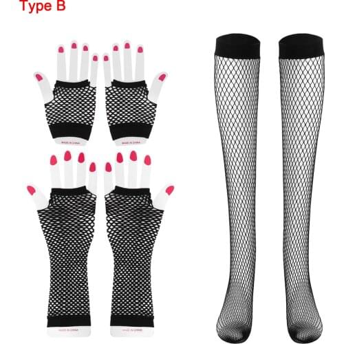Women See Through Lingerie Sexy Sheer Hollow Out Fishnet Short&Long Fingerless Gloves Stockings Costume Porno Cosplay Accessory