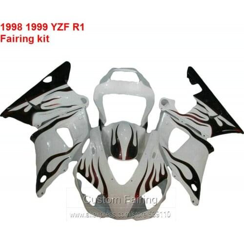 White Fairings For YAMAHA YZF R1 98 99 ( Black flames ) 1998 1999 Fairing kit +7gifts HY52