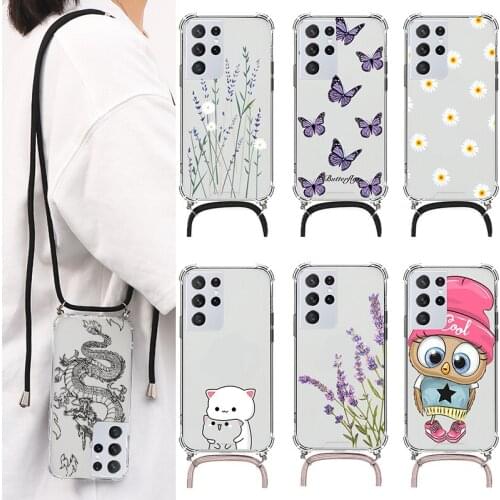 For Samsung Galaxy S21 Plus Ultra Case Lavender Flowers Crossbody Strap Lanyard Cover For Samsung S 21 S21+ Plus s21ultra Fundas