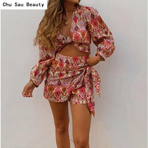 Chu Sau Beauty 2021 New Womens V-Neck Tie Printing Long-Sleeved Blouse + High-Waist Casual Fashion Color Bow Culottes Suit
