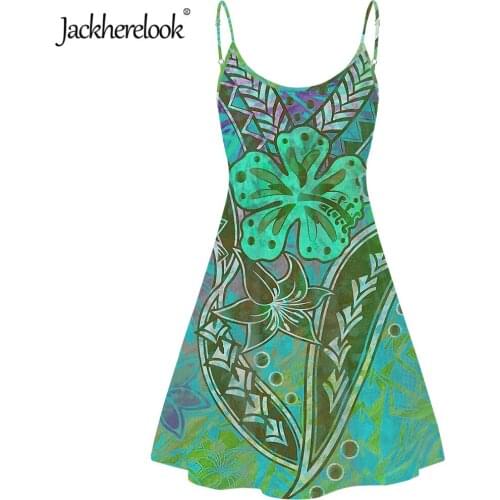 Jackherelook Green Polynesian Tribal Hibiscus Print Summer Spaghetti Strap Dress for Girls Sleeveless Sundress Vestido de Mujer