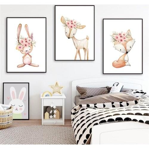 Woodland Animal Art Print Nursery Canvas Painting Pink Flowers Wall Art Poster Nordic Wall Pictures Girl Baby Room Decor TB10