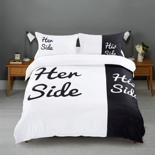 Simple Black + White Her Side His Side bedding sets Queen/King Size double bed 3pcs Bed Linen Couples Duvet Cover Set