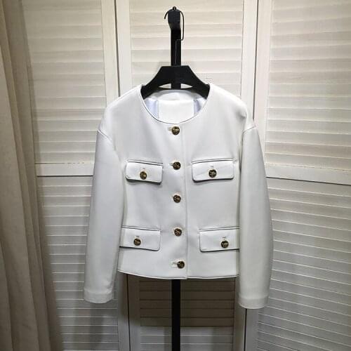 New Designer Womens Autumn O-neck leather jackets High Quality Sheepskin genuine leather short coat C936