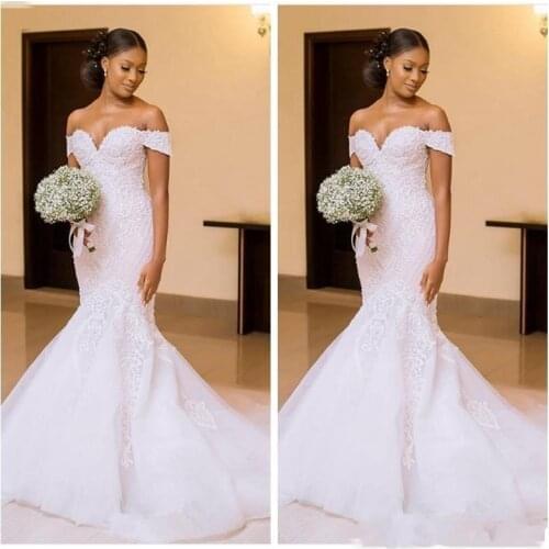 Fashion Sweetheart Off the Shoulder Black Girls Wedding Dresses Sweep Train Lace Appliques Mermaid African Bridal Dresses
