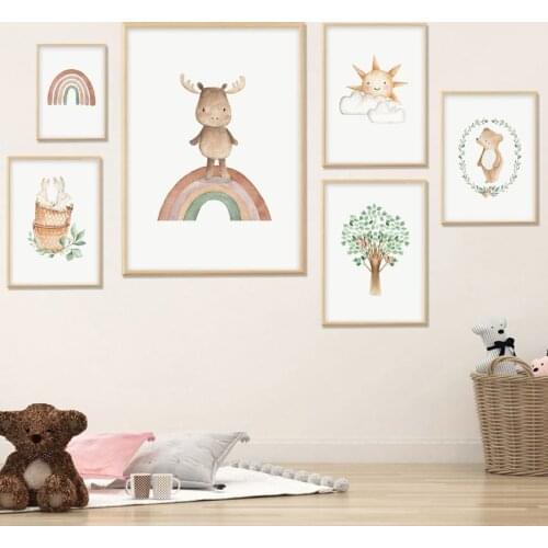 Cartoon Rainbow Rabbit Deer Bear Squirrel Wall Art Canvas Painting Nordic Posters And Prints Wall Pictures For Kids Room Decor