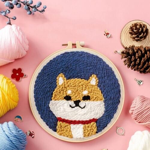 Cute Dog DIY Punch Needle Handmade Embroidery Kit with Hoop Punch Needle Cross Stitch for Beginner Wall Painting Home Decor