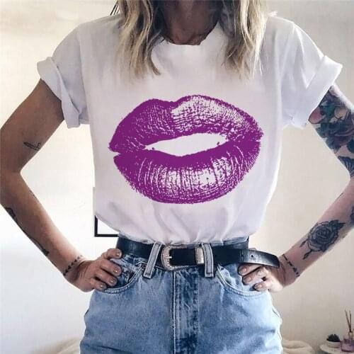 2021 New Ladies Tshirt lips print Fun White Round Neck Short Sleeve t shirt Harajuku Summer Hipster Female T shirt