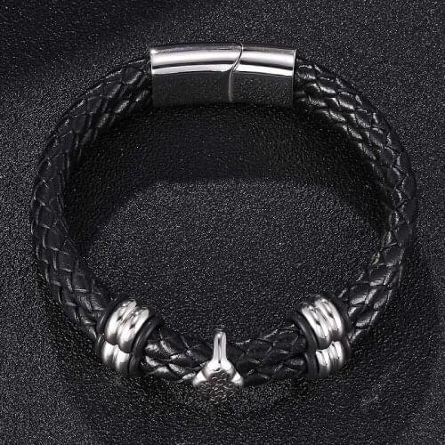 New Black Leather Bracelet Men Fashion Jewelry Beads Stainless Steel Magnetic Buckle Braided Bracelets Wrist Band Gifts ST0331
