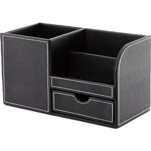 XRHYY Black 3 Storage Compartments PU Leather Office Desktop Organizer Stationery Box Collection Business Card/Pen/Pencil