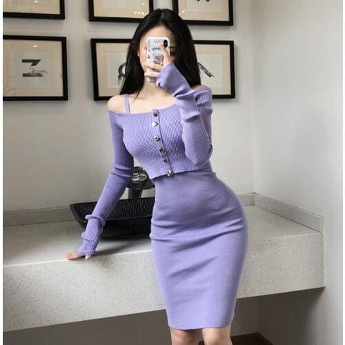 Autumn Solid Matching Sets Slim Purple Strap Wrap Hip Knitted Dress Mini Slim O Neck Long Sleeve Knitted Cardigan Thin Sweaters