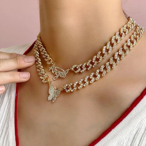 Gothic Multilayer Cuban Link Chain Angel Letter Necklace Punk Iced Out Rhinestone Butterfly Chunky Necklaces for Women Jewelry