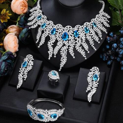 Luxury Emeralds 4PCS Firework Big Necklace Earring Bangle Ring jewelry Sets for women Wedding Indian Bridal Jewelry Sets Gift
