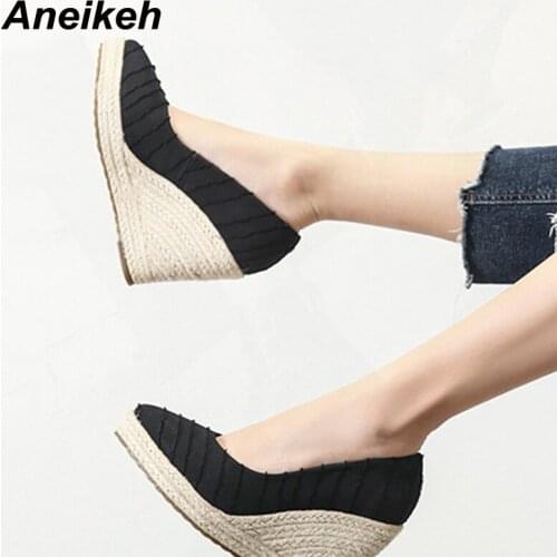 Aneikeh Summer Flock Fashion Sandals Women 2021Round Toe Pumps Wedges Platform Striped Party Basic Sewing Shallow Slip-On Black