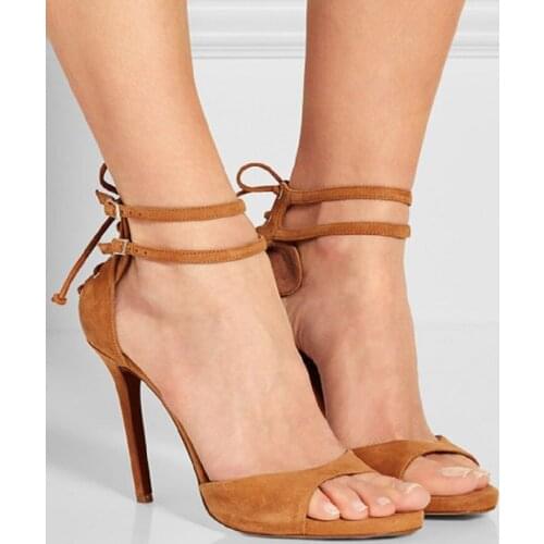 Stiletto Heels Women Fashion Sandals 2021 Summer Shoes Sexy High Heels Gladiator Sandalias Genuine Leather Brown Suede Pumps
