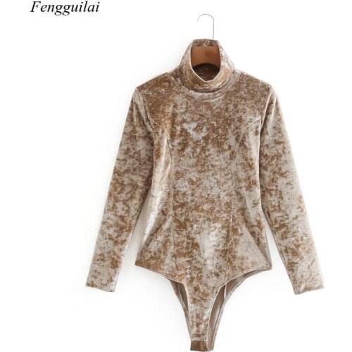 Women Fashion Turtleneck Collar Velvet Slim Bodysuits Autumn Female Long Sleeve Chic Playsuits Sexy Siamese Romper