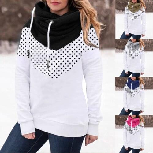 Womens Casual Polka Dot Printing Contrast Long Sleeve Hoodie Sweatshirt Tops sweat plaid Turtleneck sweater Simple and warm F4