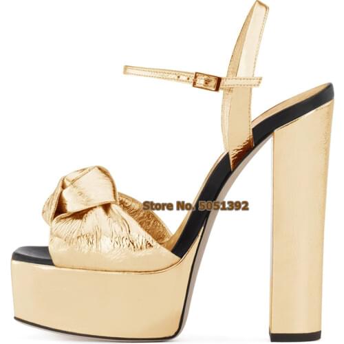 Women High Heel Bowtie Chunk Heel Sandals High Platform Peep Toe Butterfly-knot Square Heel Buckle Party Banquet Sliver Shoes